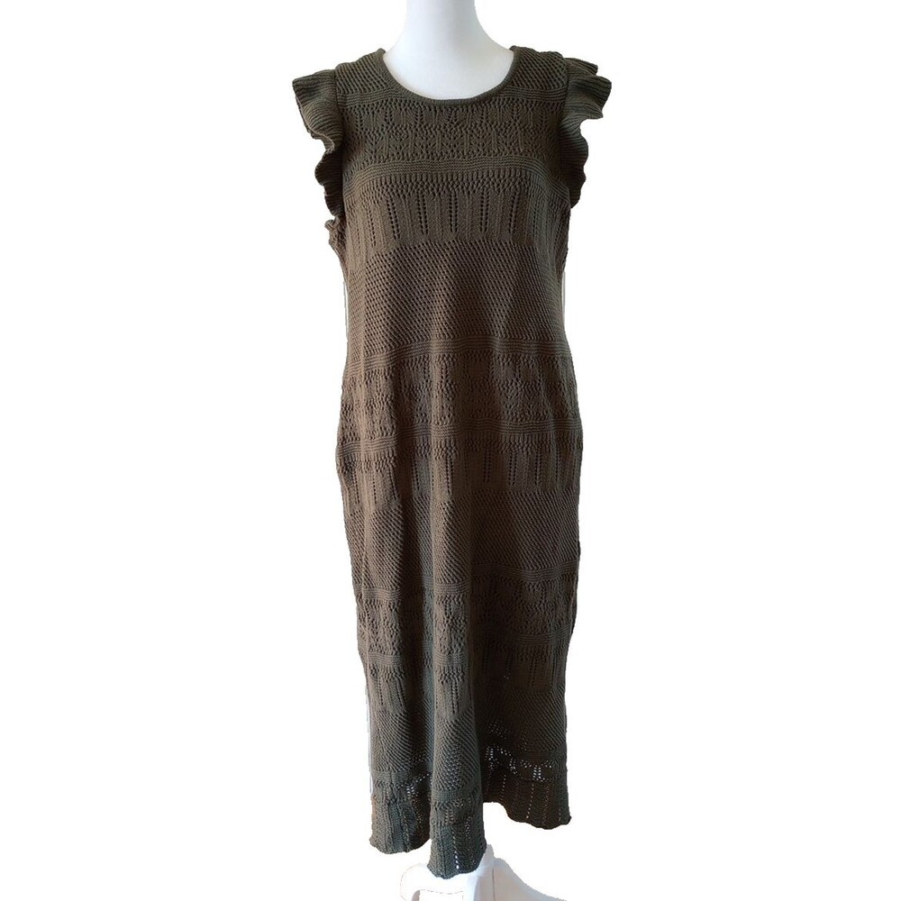 Crochet Midi Sweater Dress Large Moss Green Ruffle Shoulder Boho Forest Fairy